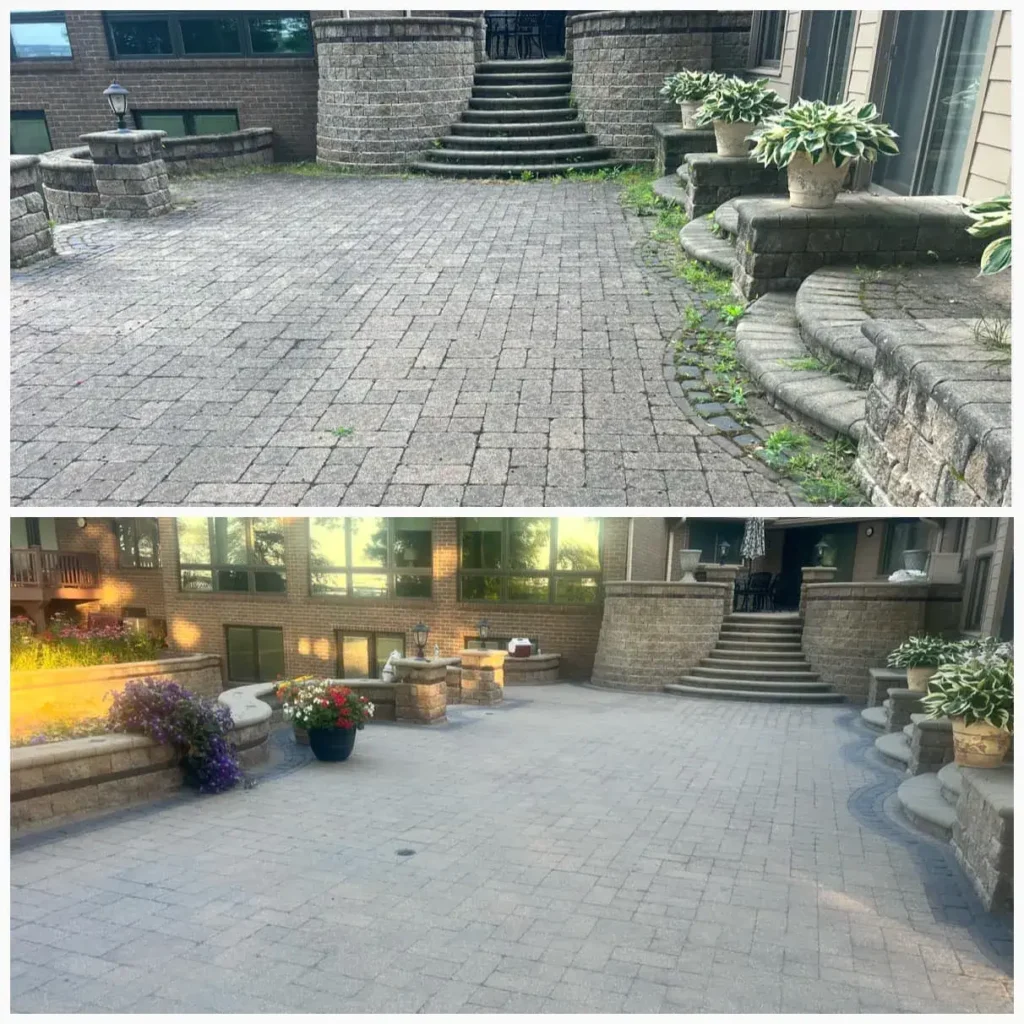 A Large Erie Home Patio of Pavers Cleaned and Sealed by GrimeBusters Soft Wash and Holiday Lighting.
