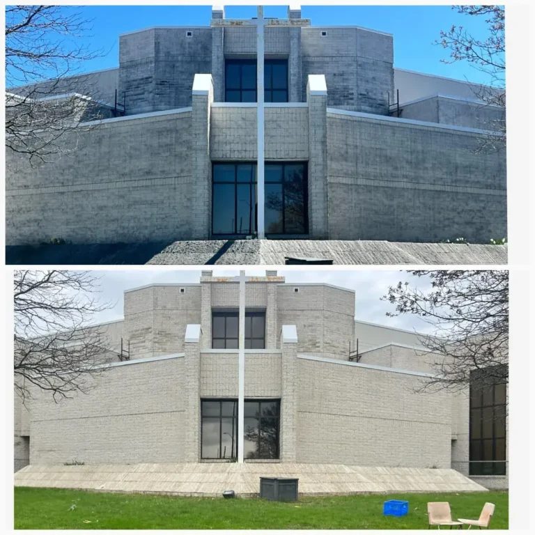 A Before and After Shows A Mars Commercial Building with Beautiful White, Pressure Washed Exterior Stone.