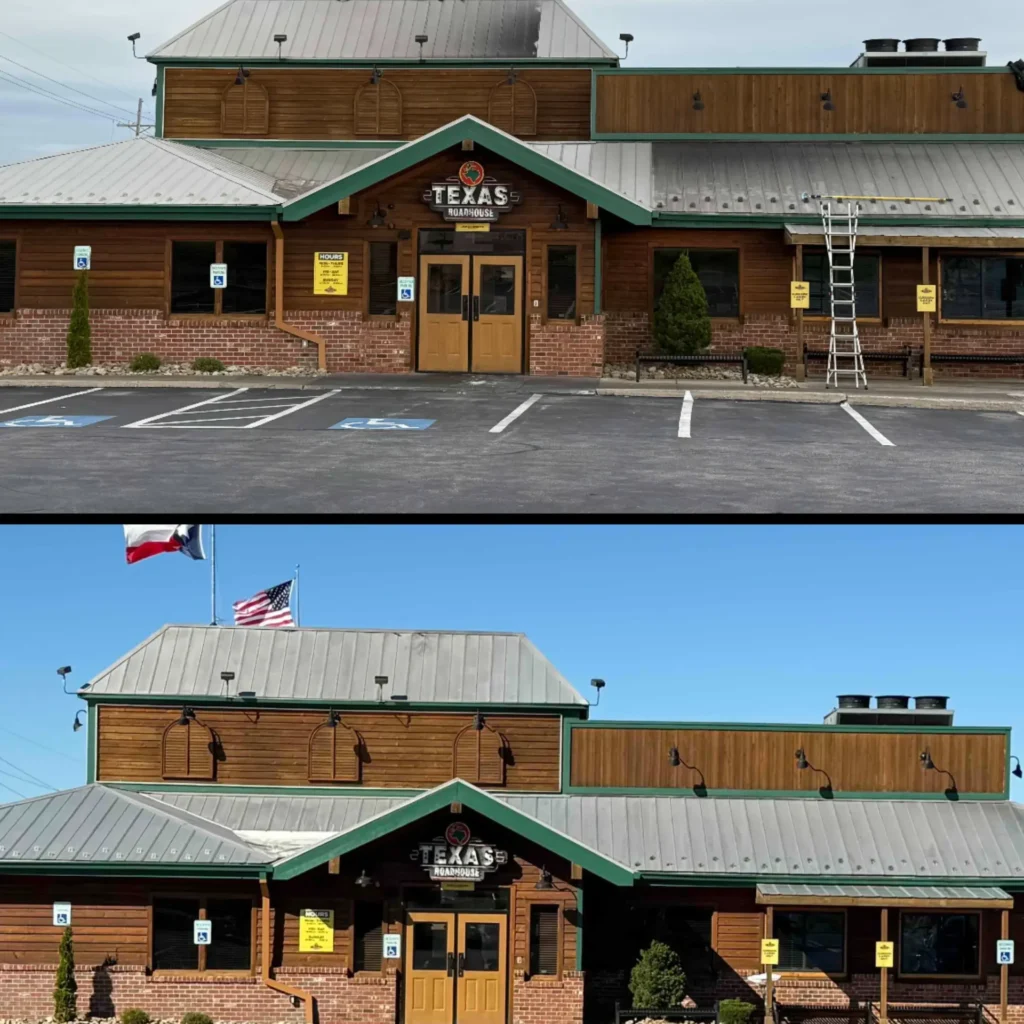 Before and After of Commercial Pressure Washing at the Texas Roadhouse in Erie, PA.