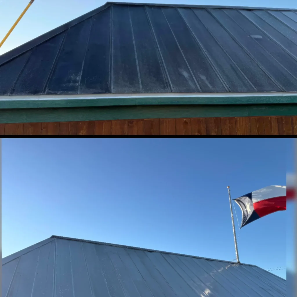 Before and After of a Commercial Roof Pressure Washing Job in Erie, PA.