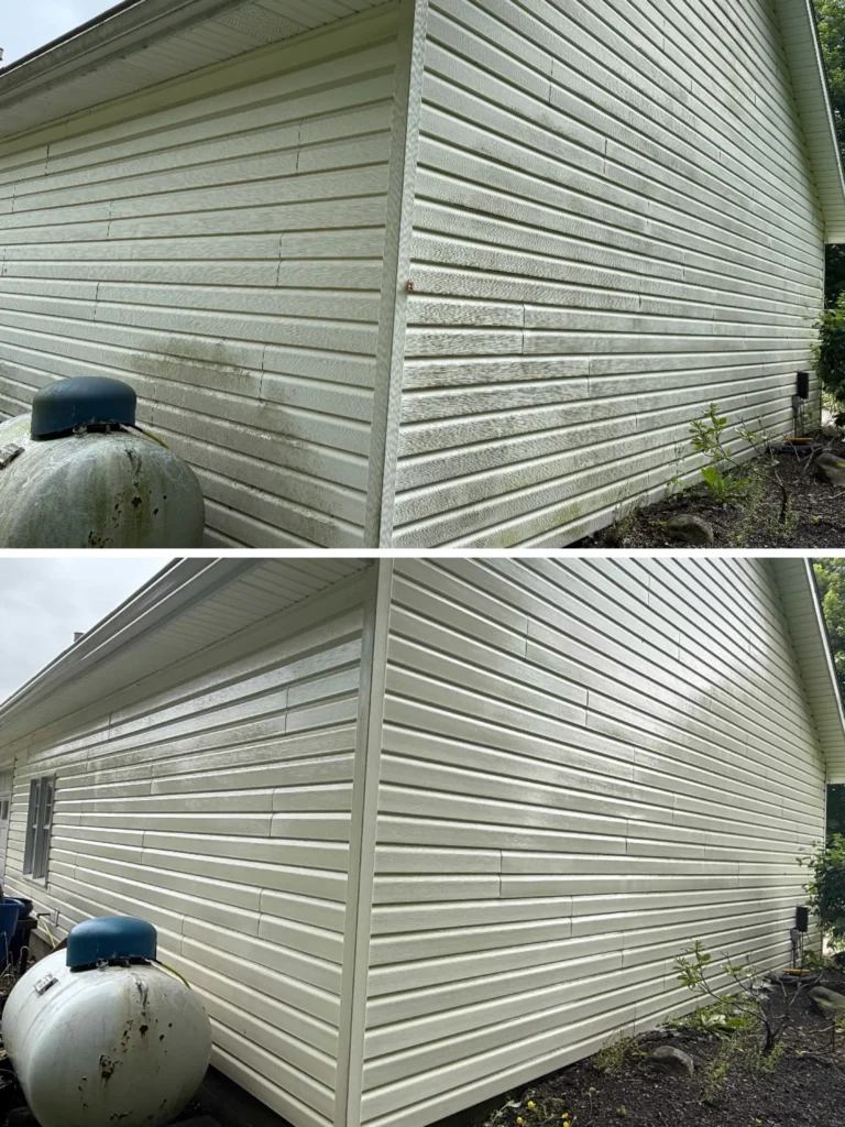 Before and After of a House Washing and Siding Soft Washing Job in Erie, PA.