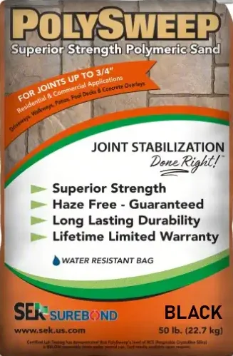 Black Polysweep Polymeric Sand 50lb Bag.