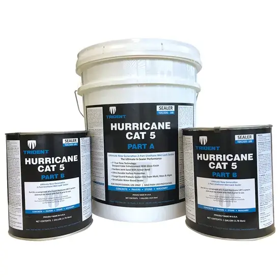 Trident Hurricane Cat 5 Sealer in a White 5 Gallon Bucket with Two Charcoal Gray 1 Gallon Buckets on Either Side of it.