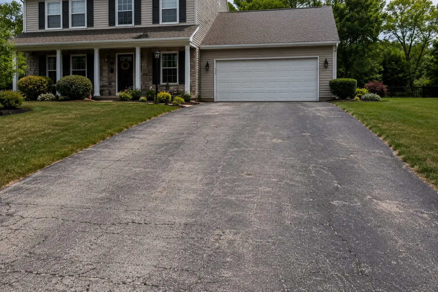 Gray, Faded, Erie Asphalt Driveway Before Being Sealcoated.