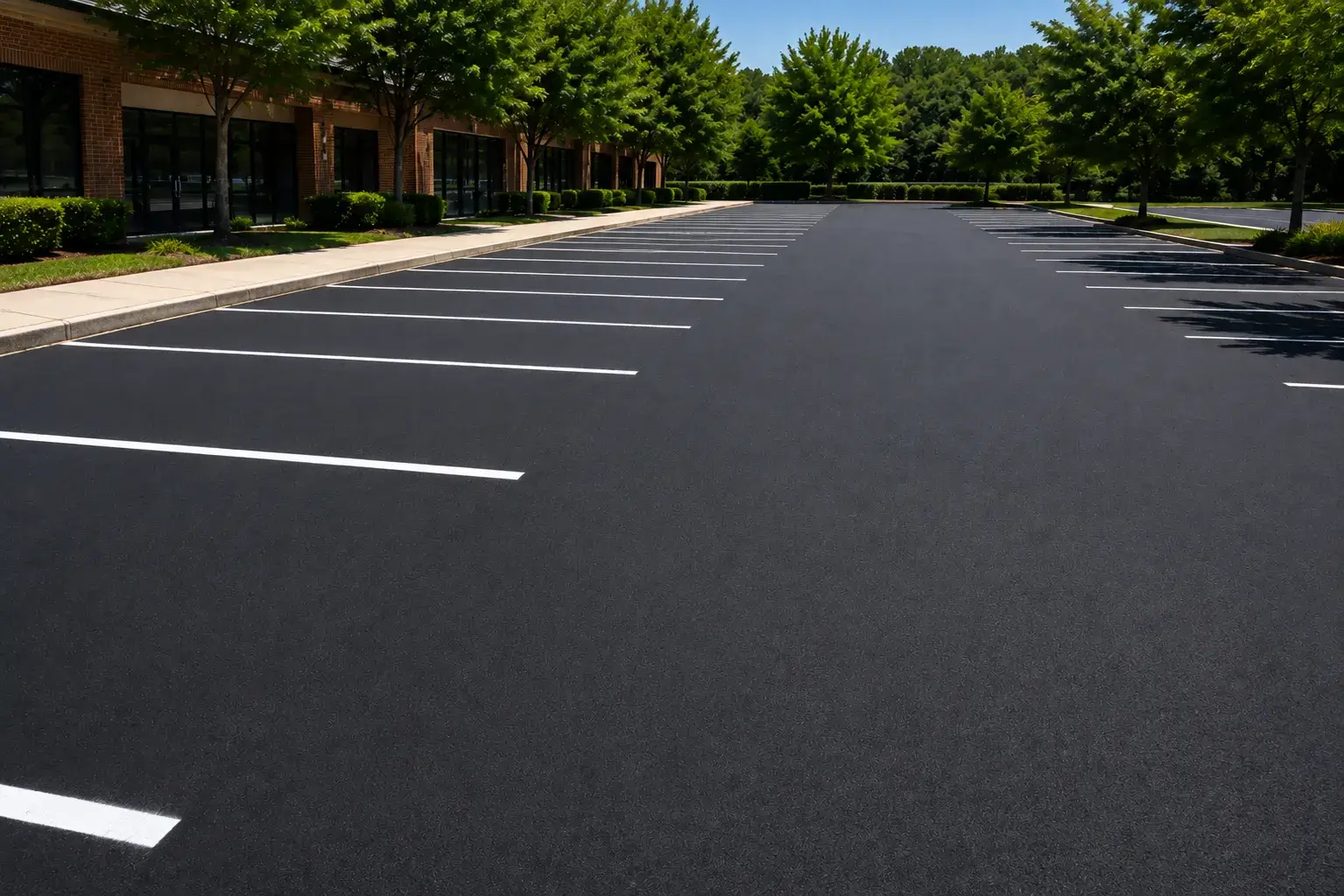 A Dark Black Asphalt Parking Lot with Bright White Lines in Erie, PA After Being Sealcoated and Having its Lines Painted.