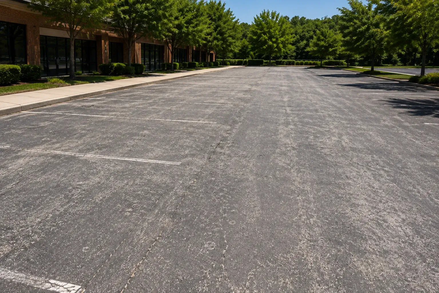 A Faded Gray Asphalt Parking Lot with Faded White Lines in Erie, PA Before Being Sealcoated and Having its Lines Painted.