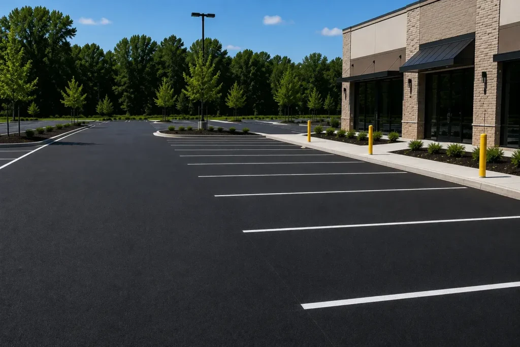 A Sealcoated Parking Lot at an Erie Commercial Building with Freshly Painted Parking Spaces.