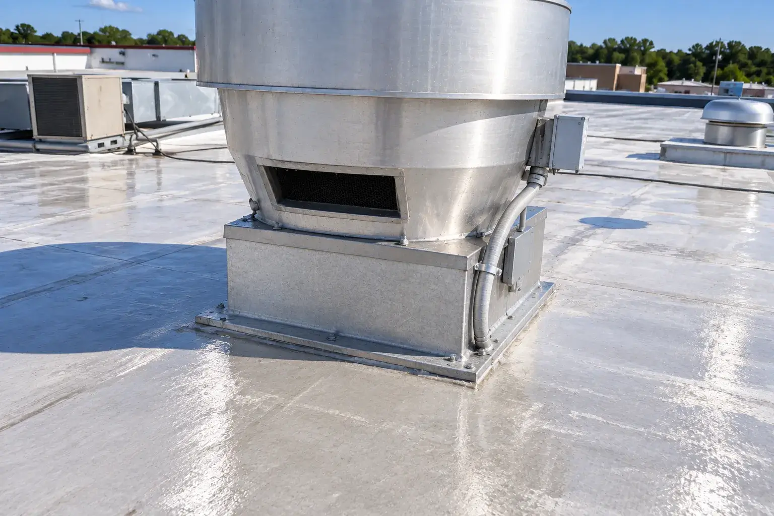 A Clean Commercial Kitchen Rooftop Exhaust Fan in Erie After Being Cleaned.