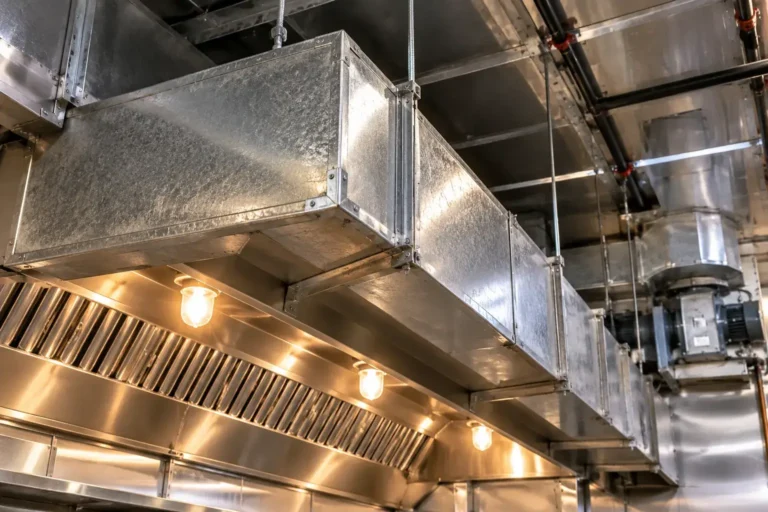 Galvanized Metal Exhaust Ductwork and Plenum System Installed Above a Commercial Kitchen Hood and Ventilation Setup in Erie.