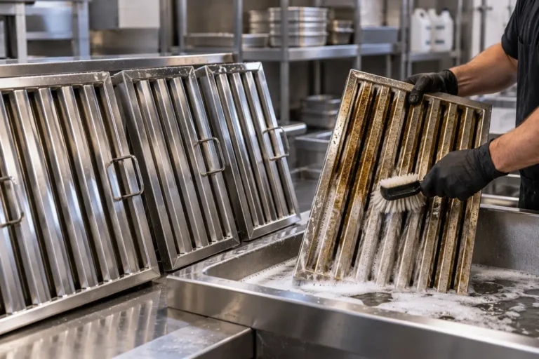 Commercial Kitchen Grease Filter Being Hand-Scrubbed and Cleaned Next to a Row of Clean Exhaust Filters in Erie.