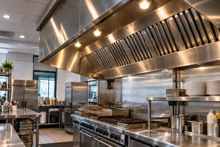 Stainless Steel Commercial Hood Canopy and Exhaust System Professionally Sealed and Maintained in an Erie Kitchen.