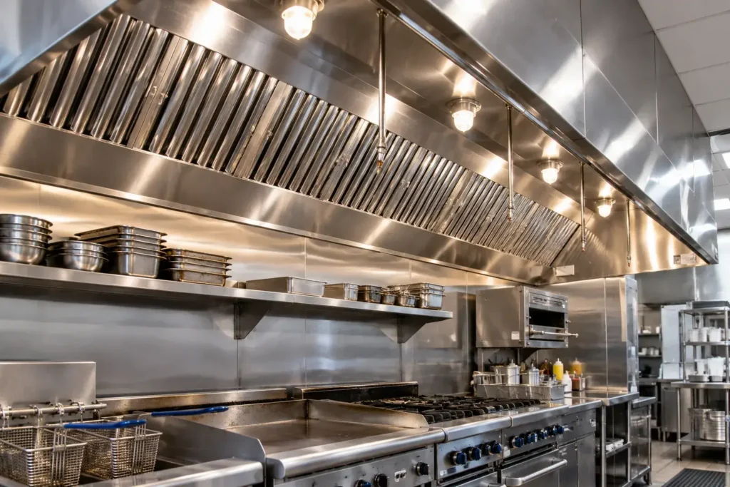 Clean and Polished Stainless Steel Commercial Kitchen Hood and Baffle Filters Above a Line of Cooking Equipment in an Erie Restaurant.