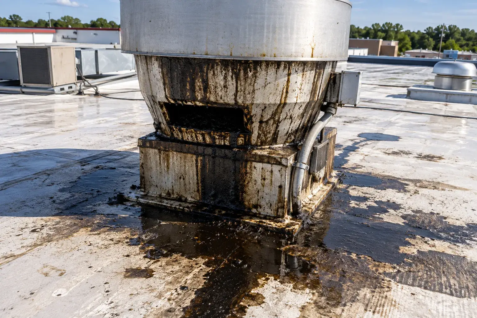 A Dirty Commercial Kitchen Rooftop Exhaust Fan in Erie Before Being Cleaned.