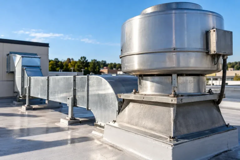 Commercial Rooftop Upblast Exhaust Fan and Horizontal Grease Duct System Serviced and Cleaned by Local Experts in Erie.