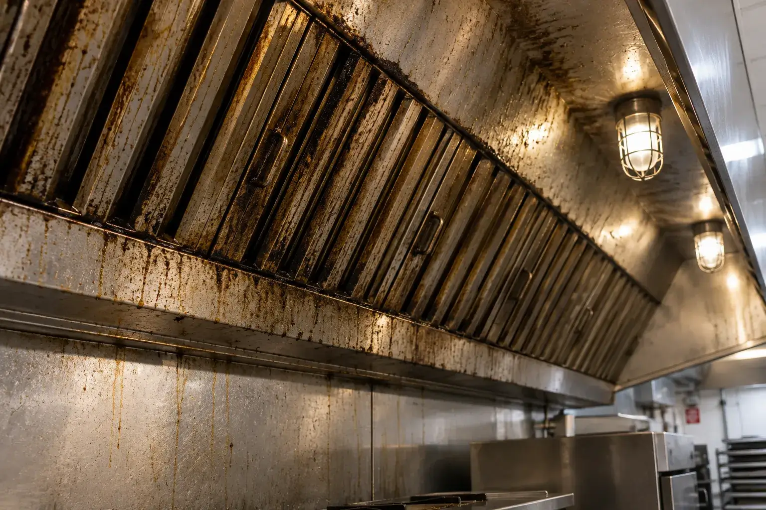 A Greasy Commercial Kitchen Exhaust Hood in an Erie Restaurant's Kitchen Before Being Cleaned.
